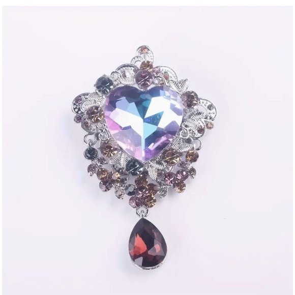 Heart Brooch Purple Blue Silver Tone Dangle Teardrop Rhinestone - Picture 1 of 3